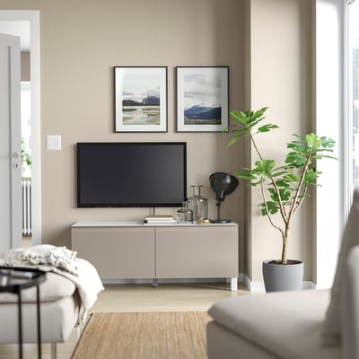 BESTÅ TV bench with doors, white/Hammarsmed/Stubbarp beige, 120x42x48 cm