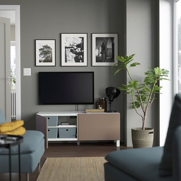 BESTÅ TV bench with doors, white Lappviken/Stubbarp/light grey-brown, 120x42x48 cm