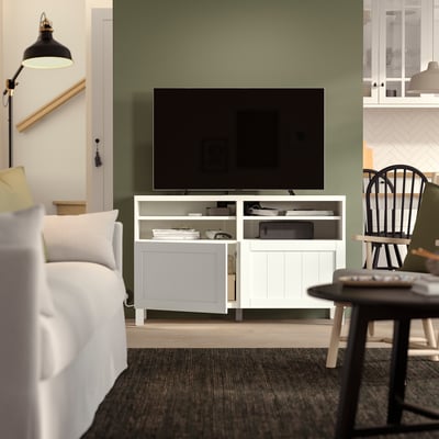 BESTÅ TV bench with doors, white/Pipmakare white, 120x42x74 cm