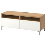 BESTÅ TV bench with drawers, oak effect/Selsviken high-gloss/white, 120x42x48 cm