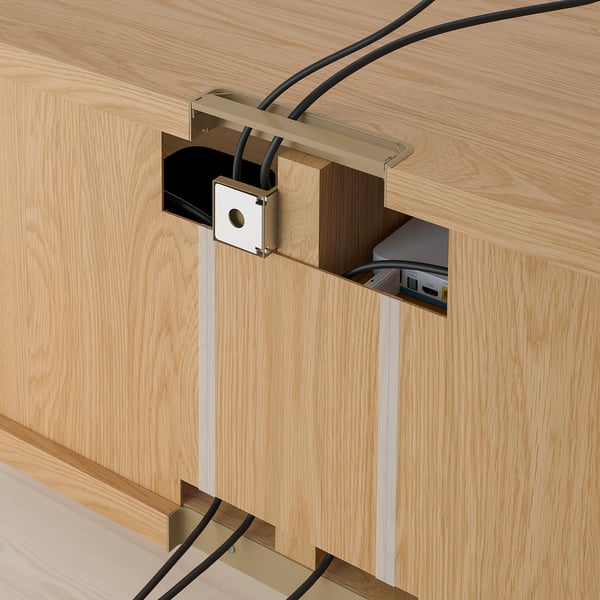 BESTÅ TV bench with drawers, oak effect/Selsviken high-gloss/white, 120x42x48 cm
