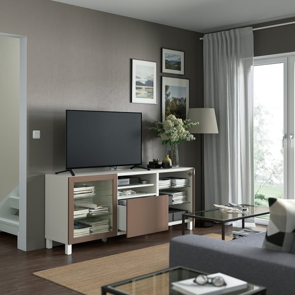 BESTÅ TV bench with drawers, white Sindvik/Lappviken/Stubbarp light grey-brown, 180x42x74 cm
