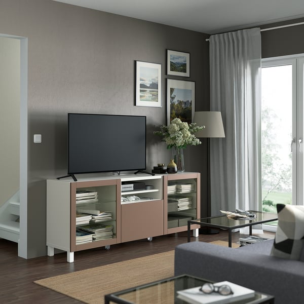BESTÅ TV bench with drawers, white Sindvik/Lappviken/Stubbarp light grey-brown, 180x42x74 cm
