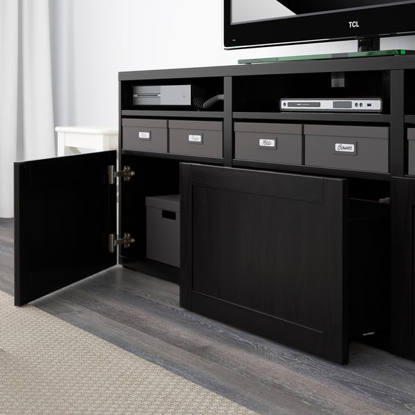 BESTÅ TV storage combination/glass doors, black-brown/Hanviken black-brown clear glass, 180x42x192 cm