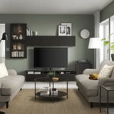 BESTÅ TV storage combination/glass doors, black-brown/Hanviken black-brown clear glass, 300x42x211 cm