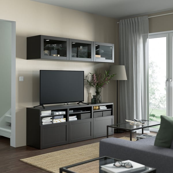 BESTÅ TV storage combination/glass doors, black-brown/Hanviken black-brown clear glass, 180x42x192 cm