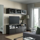 BESTÅ TV storage combination/glass doors, black-brown/Hanviken black-brown clear glass, 180x42x192 cm
