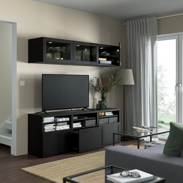 BESTÅ TV storage combination/glass doors, black-brown/Hanviken black-brown clear glass, 180x42x192 cm