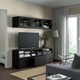 BESTÅ TV storage combination/glass doors, black-brown/Hanviken black-brown clear glass, 180x42x192 cm