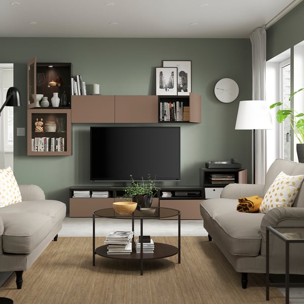 BESTÅ TV storage combination/glass doors, black-brown Lappviken/light grey-brown clear glass, 300x42x211 cm