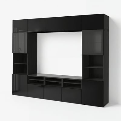 BESTÅ TV storage combination/glass doors, black-brown/Selsviken high-gloss/black clear glass, 300x42x231 cm