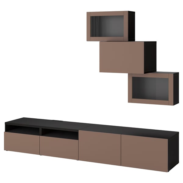 BESTÅ TV storage combination/glass doors, black-brown Sindvik/Lappviken light grey-brown, 240x42x190 cm