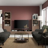 BESTÅ TV storage combination/glass doors, black-brown Sindvik/Lappviken light grey-brown, 300x42x193 cm