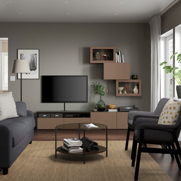 BESTÅ TV storage combination/glass doors, black-brown Sindvik/Lappviken light grey-brown, 240x42x190 cm