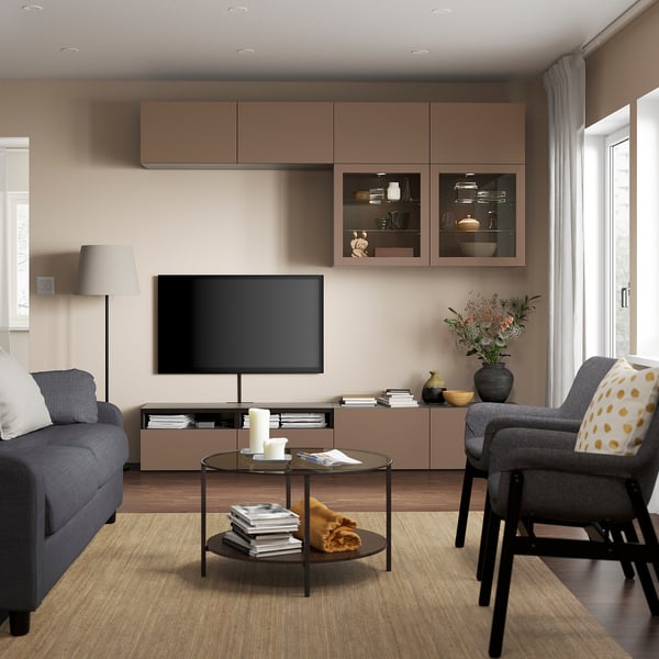 BESTÅ TV storage combination/glass doors, black-brown Sindvik/Lappviken light grey-brown, 240x42x231 cm