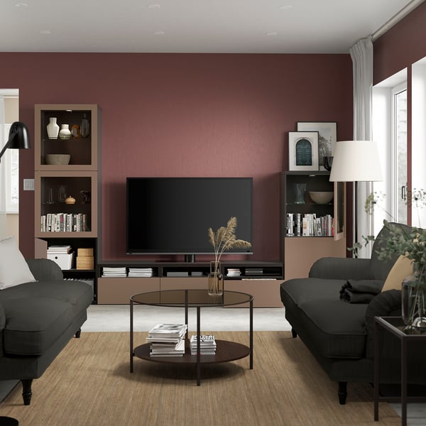 BESTÅ TV storage combination/glass doors, black-brown Sindvik/Lappviken light grey-brown, 300x42x193 cm