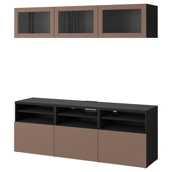 BESTÅ TV storage combination/glass doors, black-brown Sindvik/Lappviken light grey-brown, 180x42x192 cm