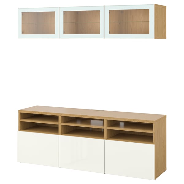 BESTÅ TV storage combination/glass doors, oak effect/Selsviken high-gloss/white clear glass, 180x42x192 cm