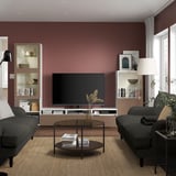 BESTÅ TV storage combination/glass doors, white Sindvik/Lappviken light grey-brown, 300x42x193 cm