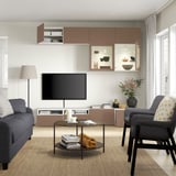 BESTÅ TV storage combination/glass doors, white Sindvik/Lappviken light grey-brown, 240x42x231 cm