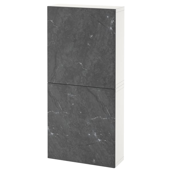 BESTÅ Wall cabinet with 2 doors, white Bergsviken/black marble effect, 60x22x128 cm