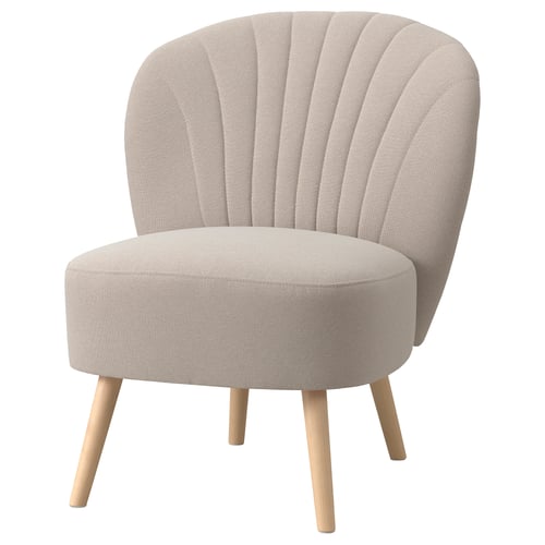 Beige, curved back, wooden legs chair.