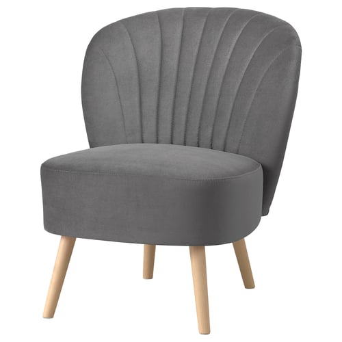 A stylish grey fabric BILLHAMN armchair with curved back, wooden legs, and modern, sleek design.