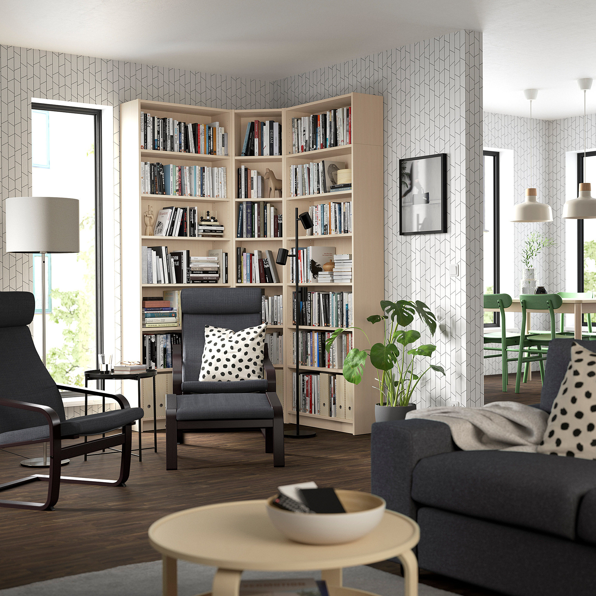 BILLY Bookcase corner comb w ext units, birch effect, 136/136x28x237 cm