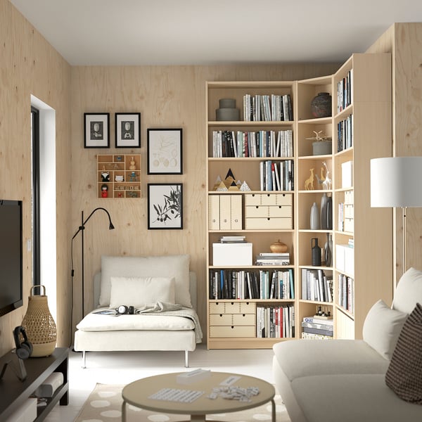 BILLY Bookcase corner comb w ext units, birch effect, 136/136x28x237 cm