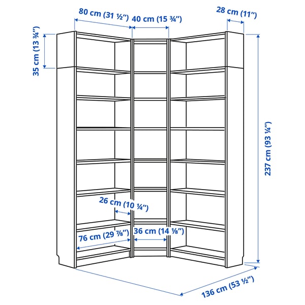 BILLY Bookcase corner comb w ext units, birch effect, 136/136x28x237 cm