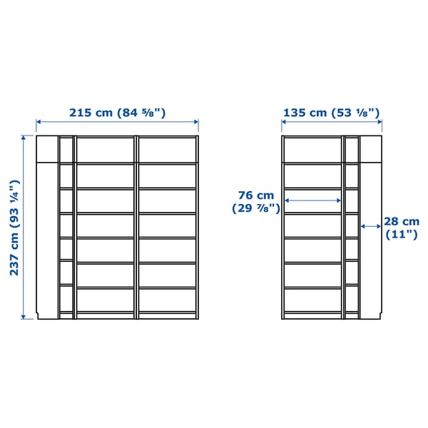 BILLY Bookcase corner comb w ext units, brown walnut effect, 215/135x28x237 cm