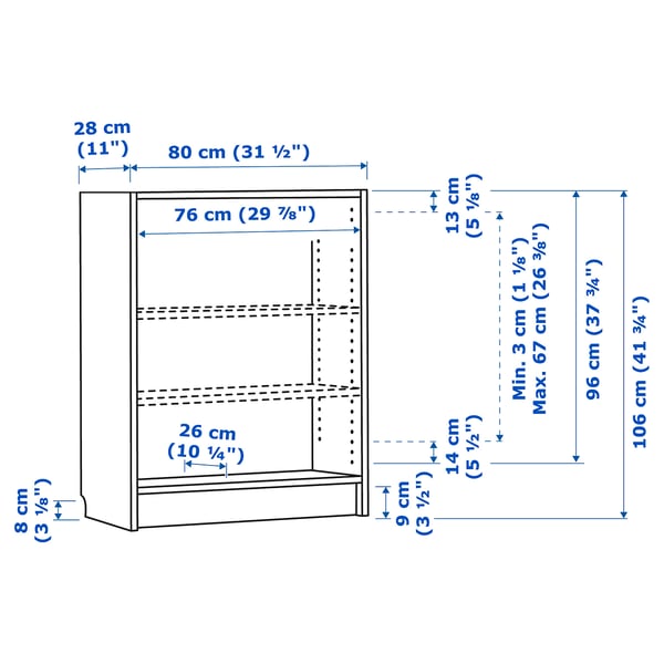 Illustration with measurements for the product: BILLY.