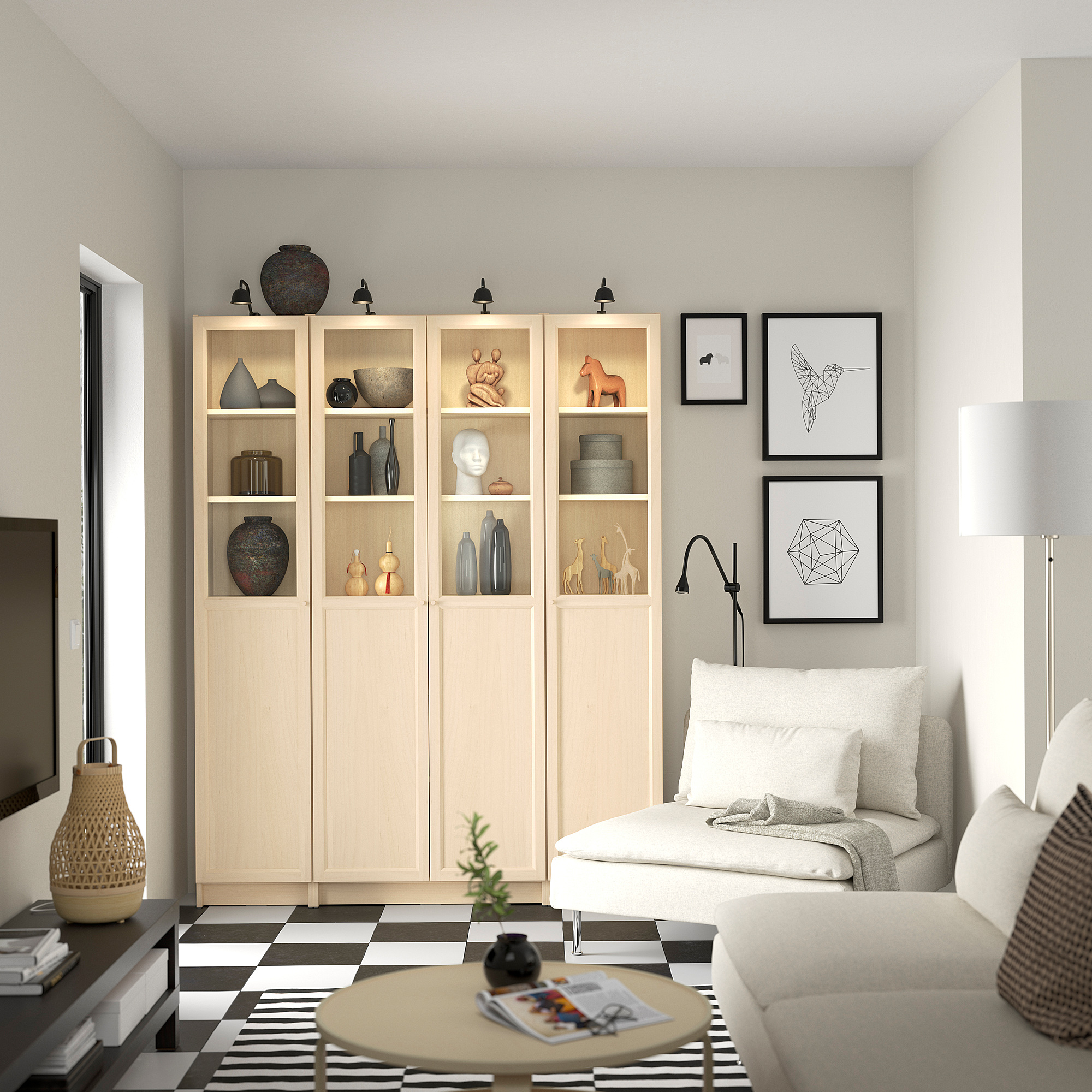 BILLY / OXBERG Bookcase comb w panel/glass doors, birch effect, 160x202 cm