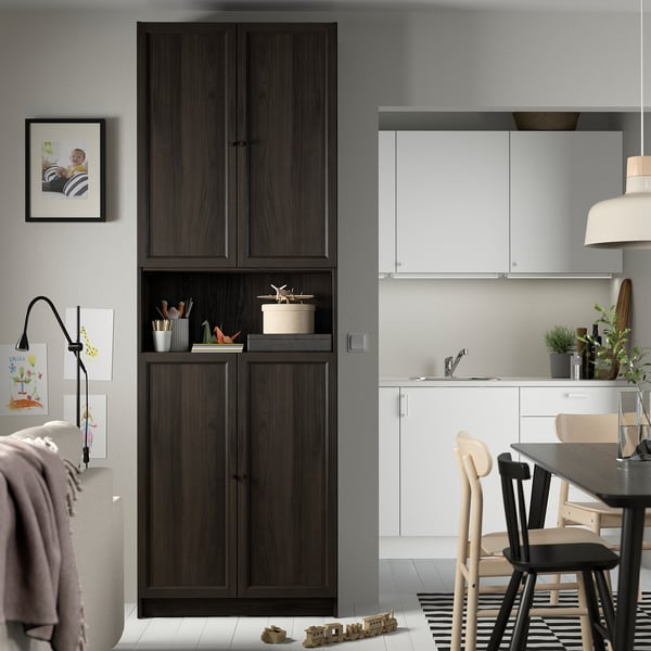 BILLY / OXBERG Bookcase w doors/extension unit, dark brown oak effect, 80x30x237 cm