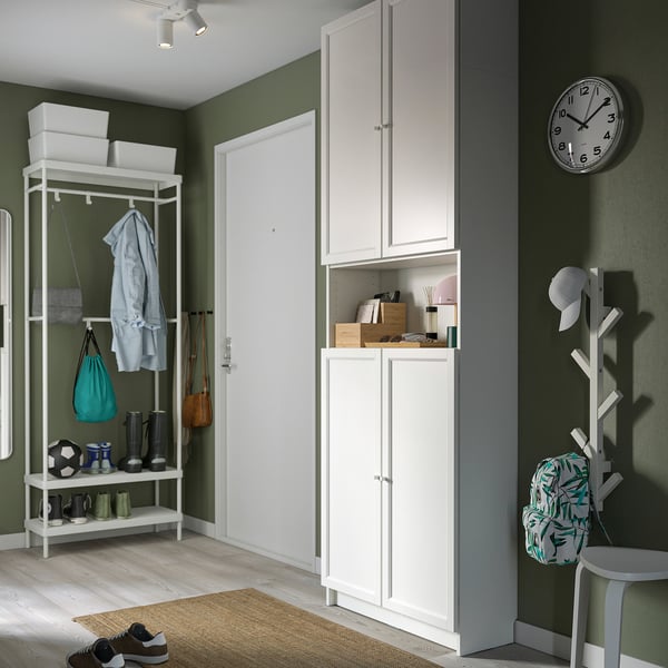 BILLY bookcase in white, tall with open & closed storage, corner fitted.