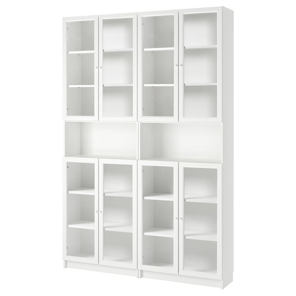 A white BILLY bookcase with glass doors. It has multiple adjustable shelves and is designed for storage with a clean, modern look.
