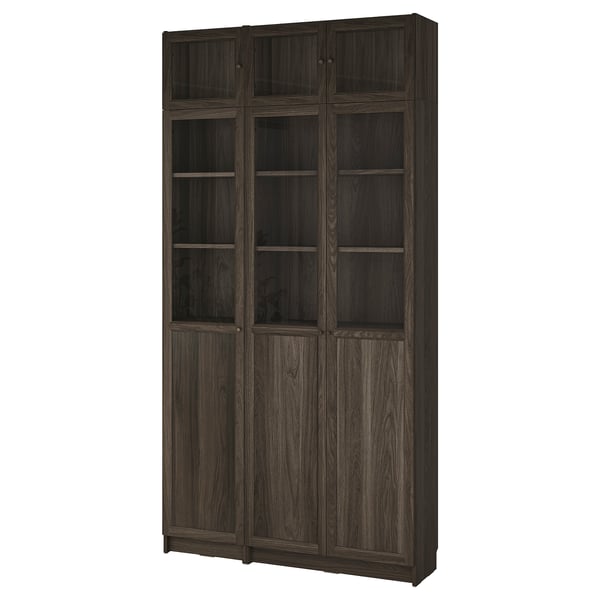 BILLY / OXBERG Bookcase w hght ext ut/pnl/glss drs, dark brown oak effect/clear glass, 120x30x237 cm