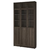 BILLY / OXBERG Bookcase w hght ext ut/pnl/glss drs, dark brown oak effect/clear glass, 120x30x237 cm