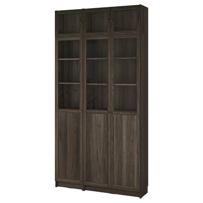 BILLY / OXBERG Bookcase w hght ext ut/pnl/glss drs, dark brown oak effect/clear glass, 120x30x237 cm