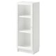 A white BILLY bookcase with glass doors, standing tall and slim, perfect for small spaces.