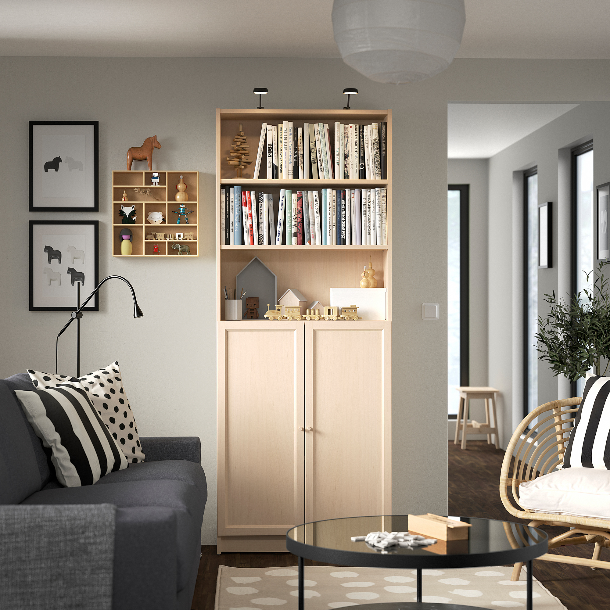 BILLY / OXBERG Bookcase with doors, birch effect, 80x30x202 cm