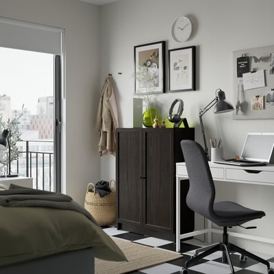 BILLY / OXBERG Bookcase with doors, dark brown oak effect, 80x30x106 cm
