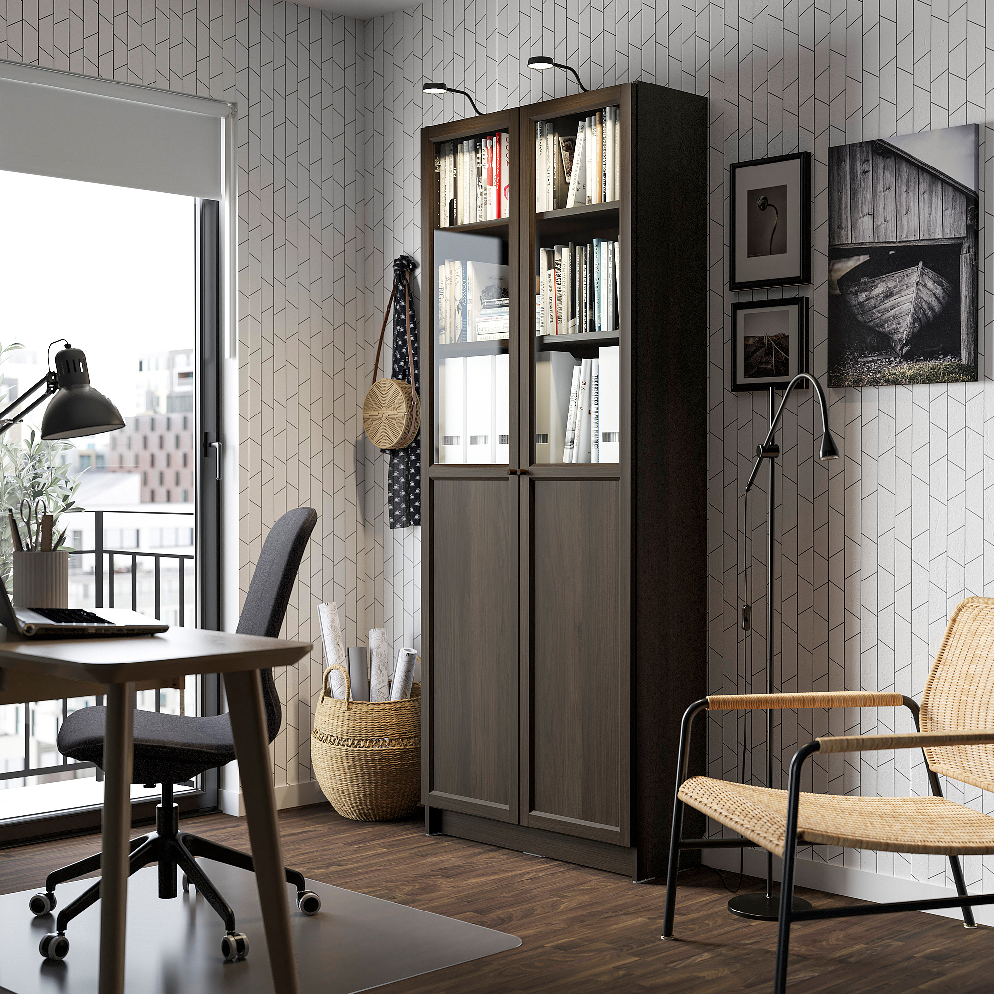 BILLY / OXBERG Bookcase with panel/glass doors, dark brown oak effect, 80x30x202 cm
