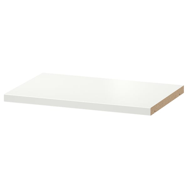 White BILLY shelf, rectangular, flat surface, particleboard material.