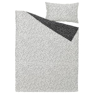 BJÖRKGRÅMAL duvet set, black & white polka dots, soft cotton/viscose, rectangle shape, simple stylish design.