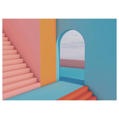 Colourful, abstract architecture. Bright pink stairs, orange wall, teal floor, blue archway.