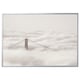 Framed canvas, foggy bridge scene. Silver frame, white clouds, calm atmosphere.