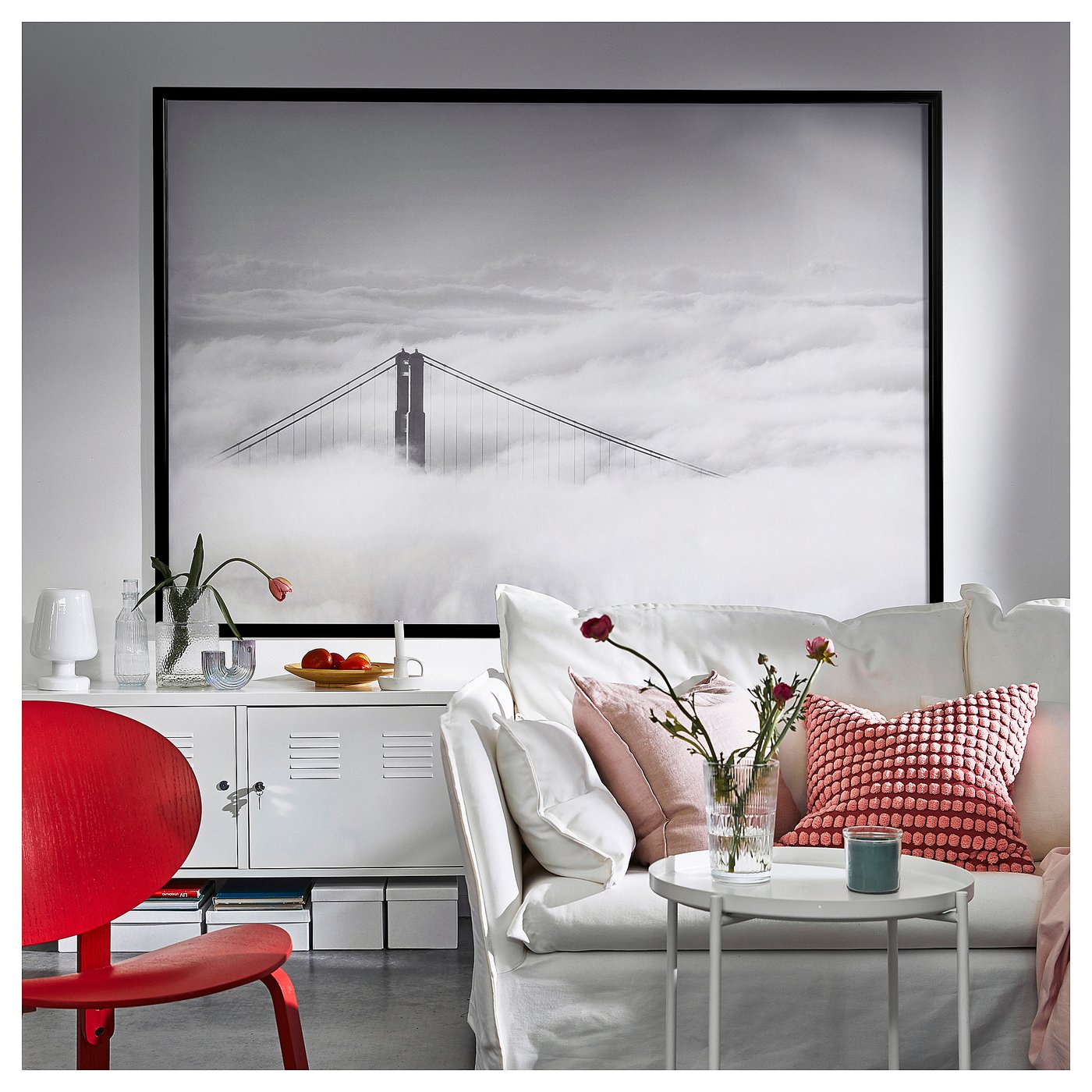 BJÖRKSTA picture with frame, bridge and clouds/black, 200x140 cm