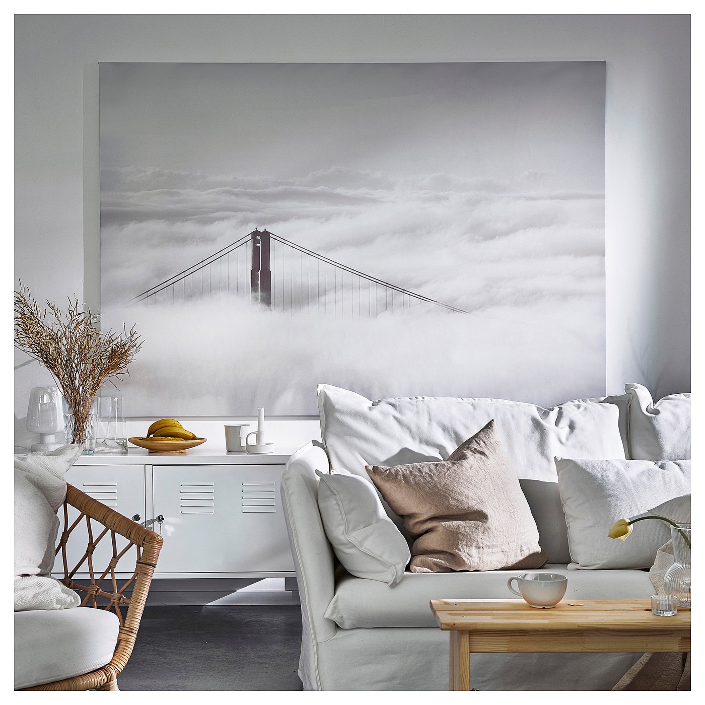 BJÖRKSTA picture with frame, bridge and clouds/black, 200x140 cm