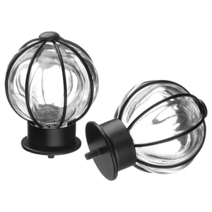 Two spherical glass finials with black metal frames and bases, styled for curtain rods.